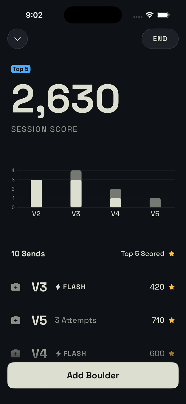 CompSesh solo climbing session in progress
